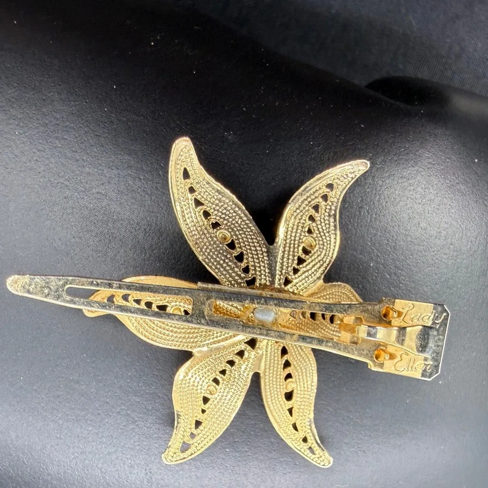 Lady Ellen Vintage Gold Filigree Flower Hair Clip Faux Pearl Alligator Barrette